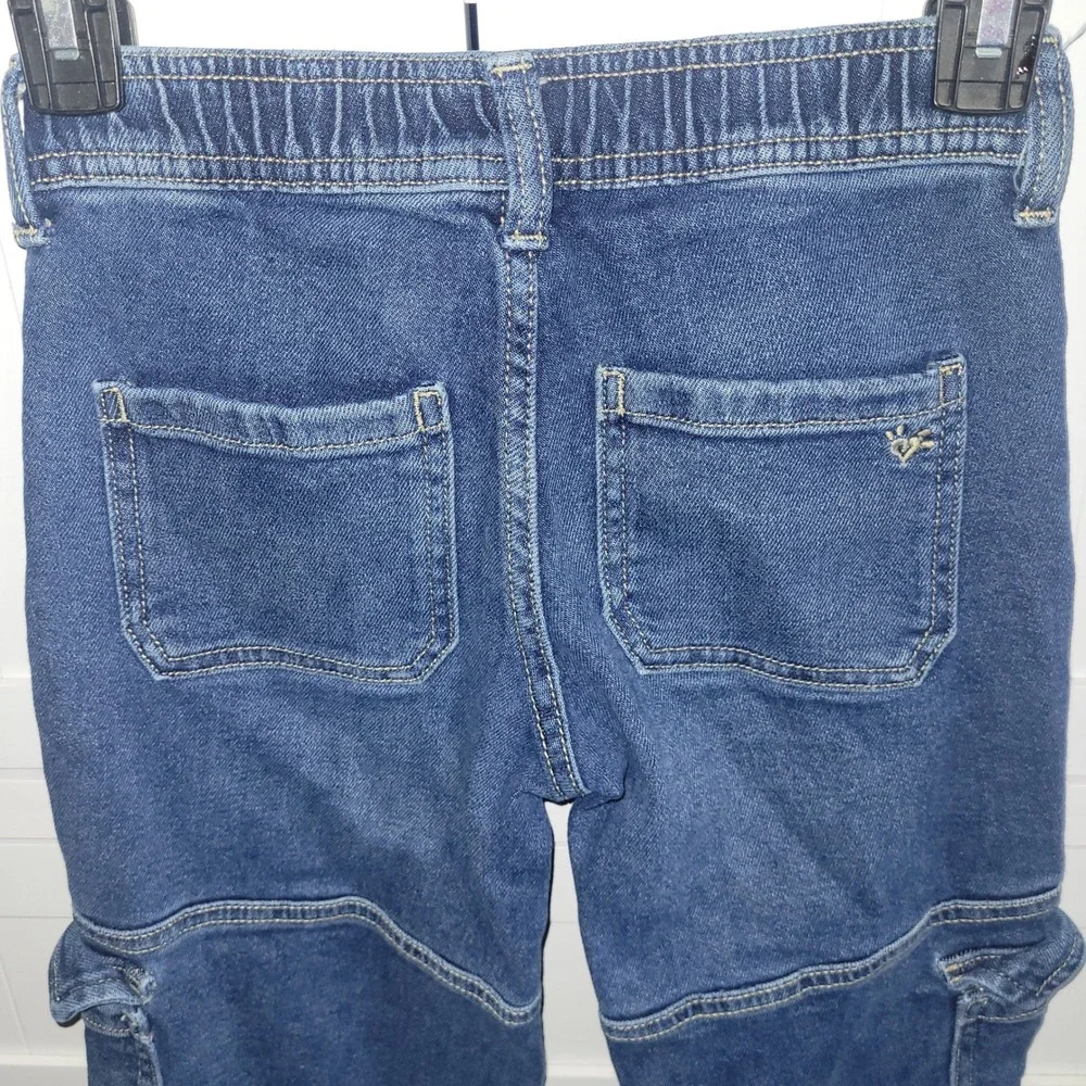 Justice Girls Dark Wash Cargo Jeans Size 8 Straight Leg Elastic Back Waist Y2K